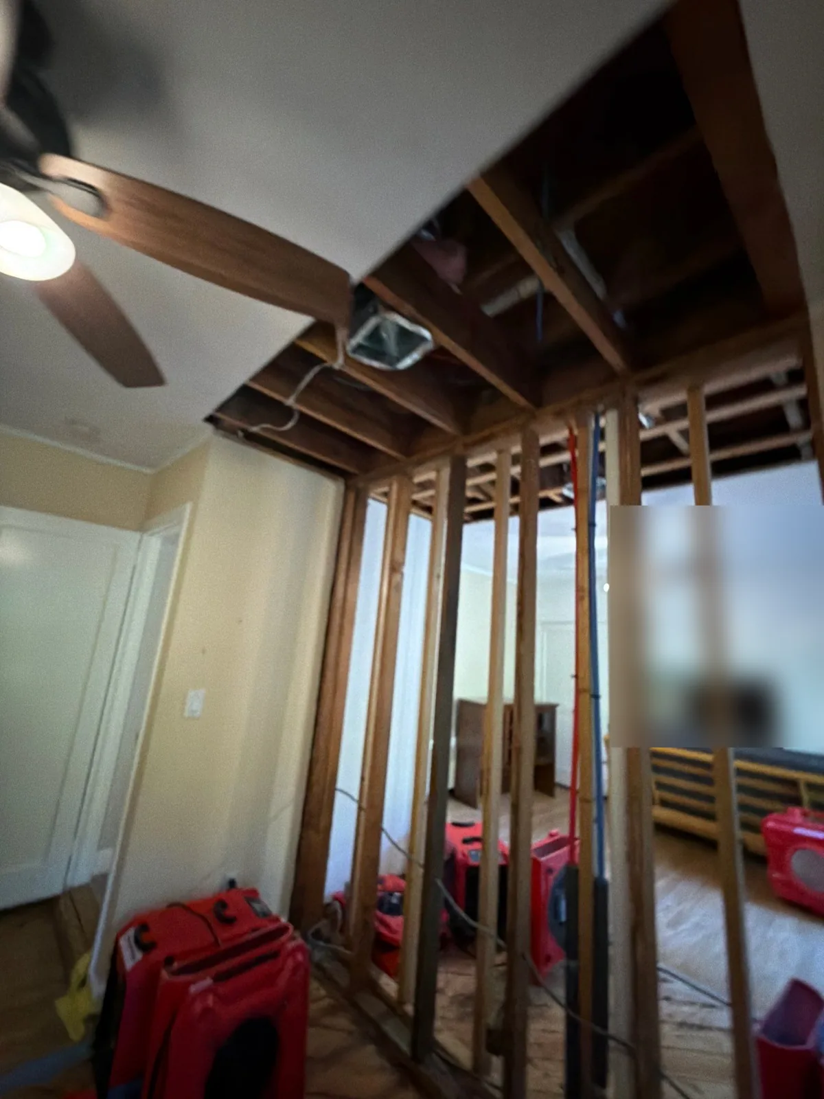 Ceiling drywall opened to the joists and wall stripped to the studs, with air movers drying the room after a leak
