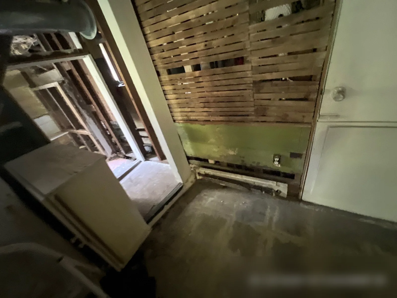 Kitchen wall stripped down to wood lath with a water-stained floor during mold and water damage demolition