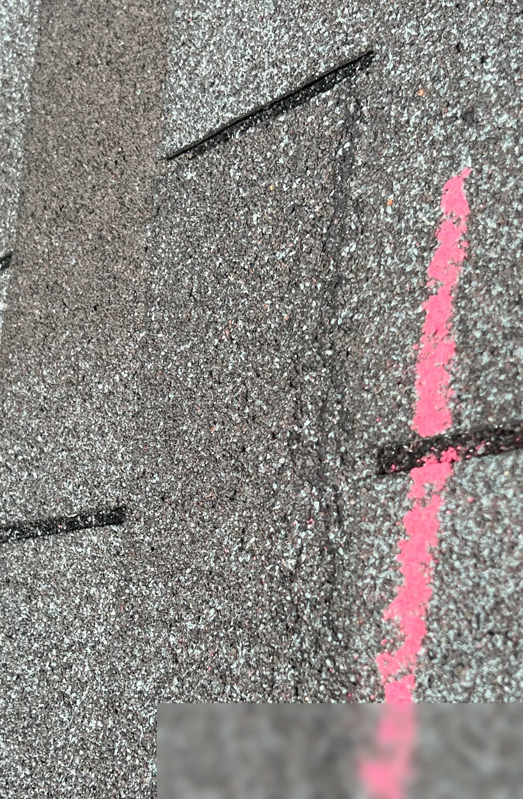 Close-up of a wind-creased asphalt shingle marked with pink paint during a storm damage inspection