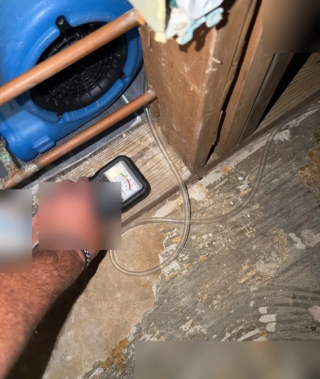 Air mover set beside opened framing while a technician takes a moisture reading at the bottom plate