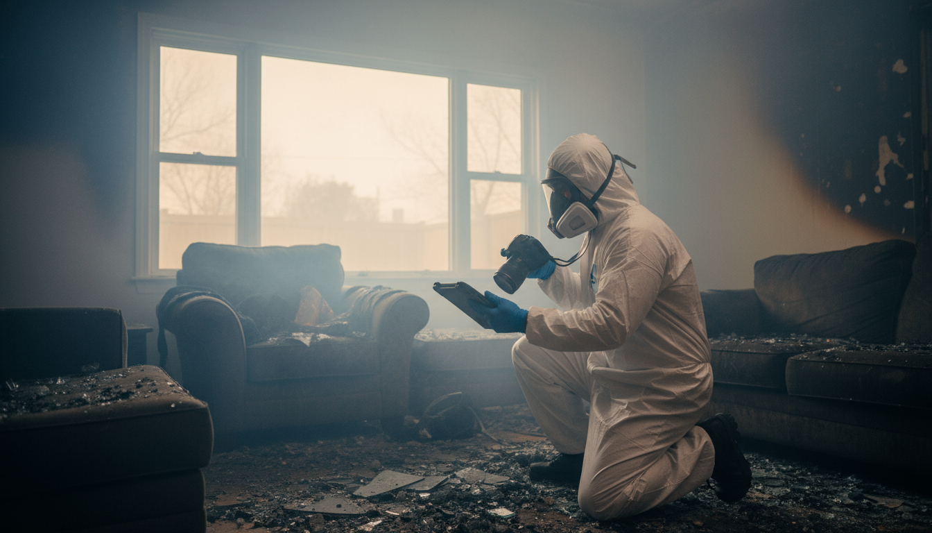 Professional emergency restoration specialist documenting fire and smoke damage for insurance claims