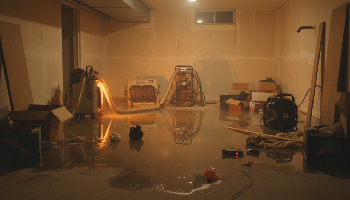 Professional emergency restoration equipment including dehumidifiers and air movers for rapid property drying