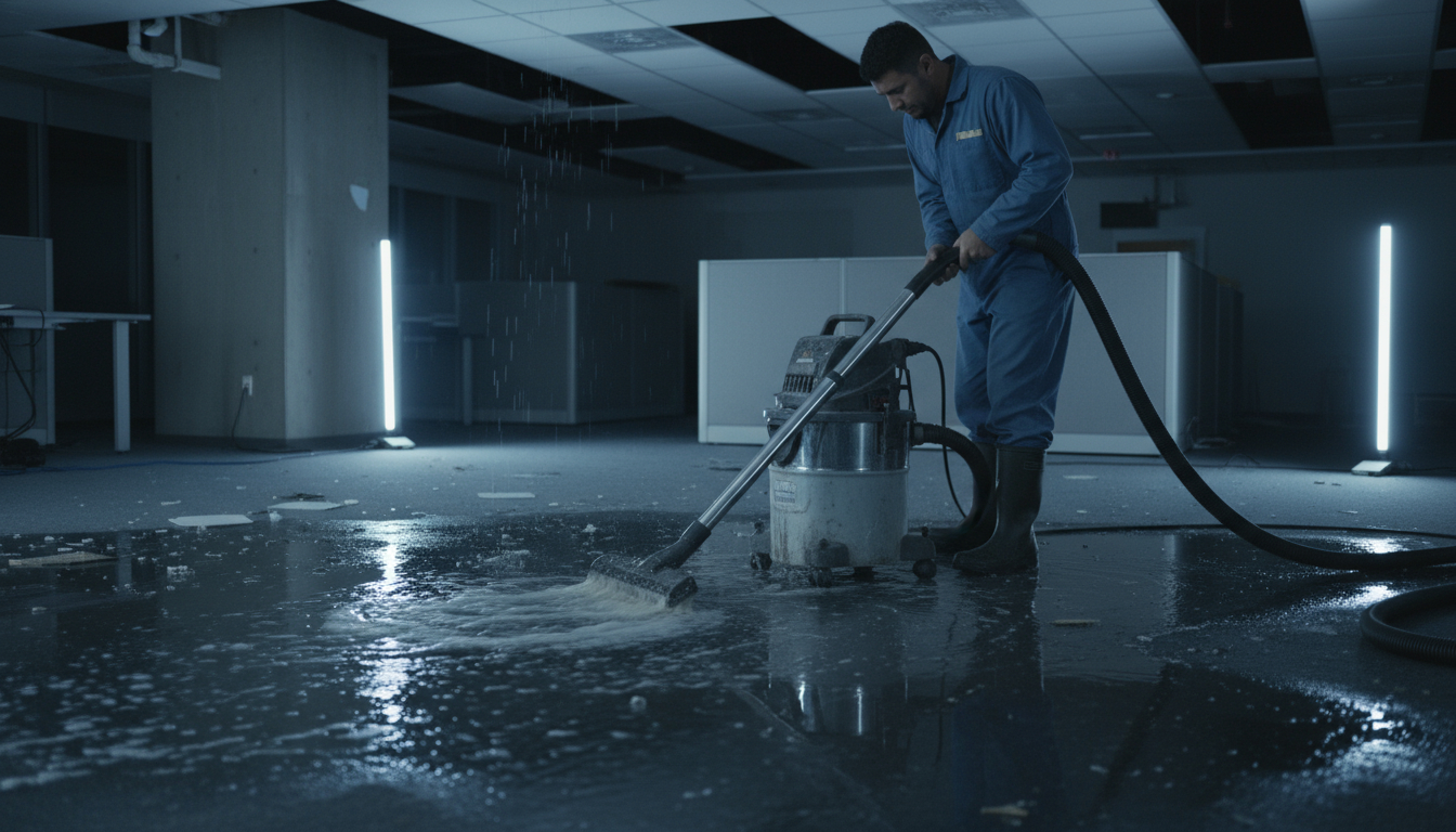 Wet dry vacuum removing water from carpet during emergency water damage cleanup