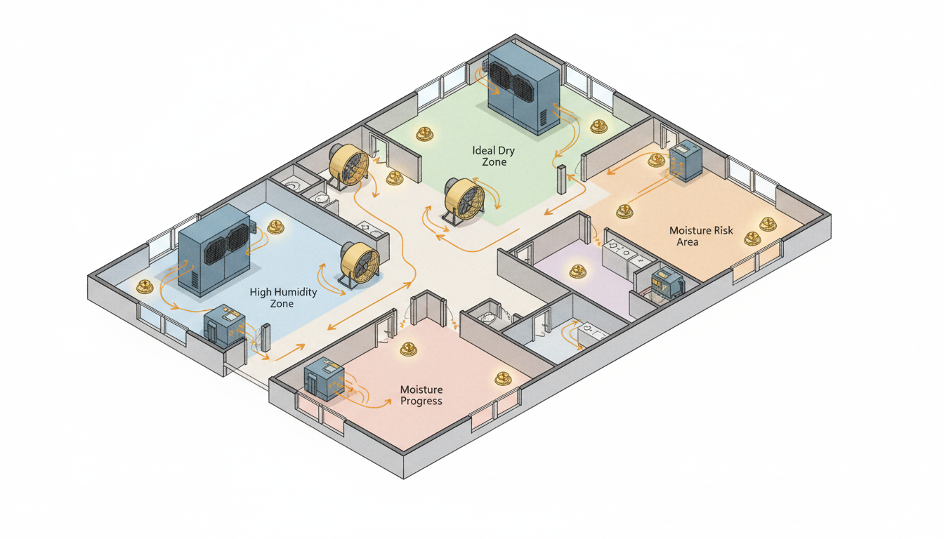 Moisture zones in restoration process layout in psychrometrics in structural drying