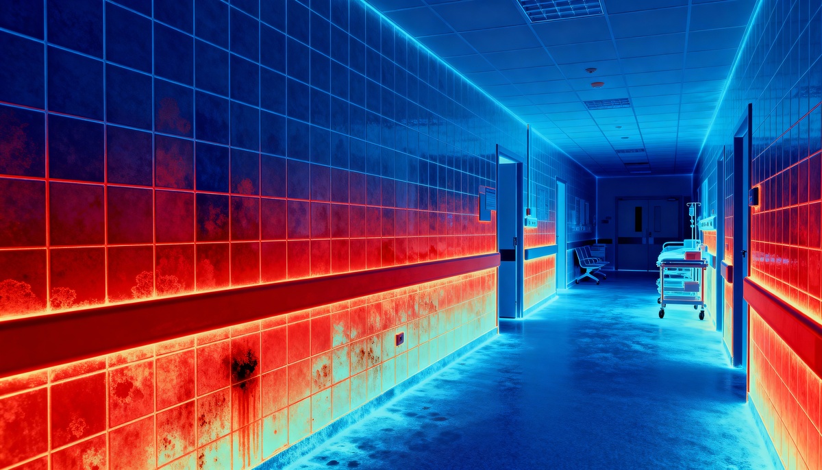 Infrared thermal image revealing hidden water damage in commercial building walls