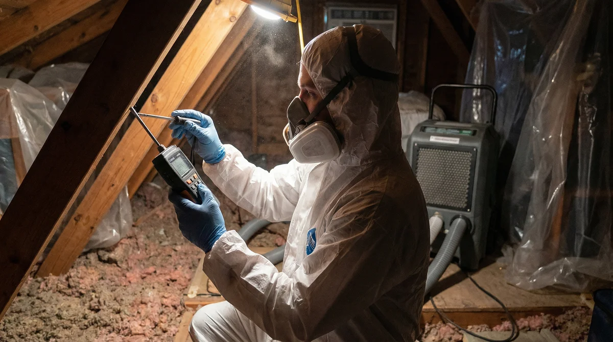 Professional attic water damage repair technician assessing moisture levels in Fairfield NJ