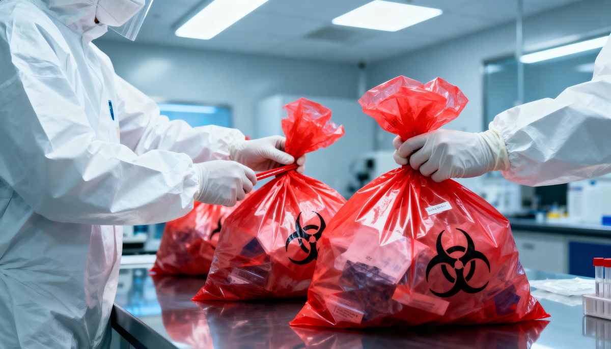 Proper packaging of biohazard waste materials in red medical waste bags for safe disposal