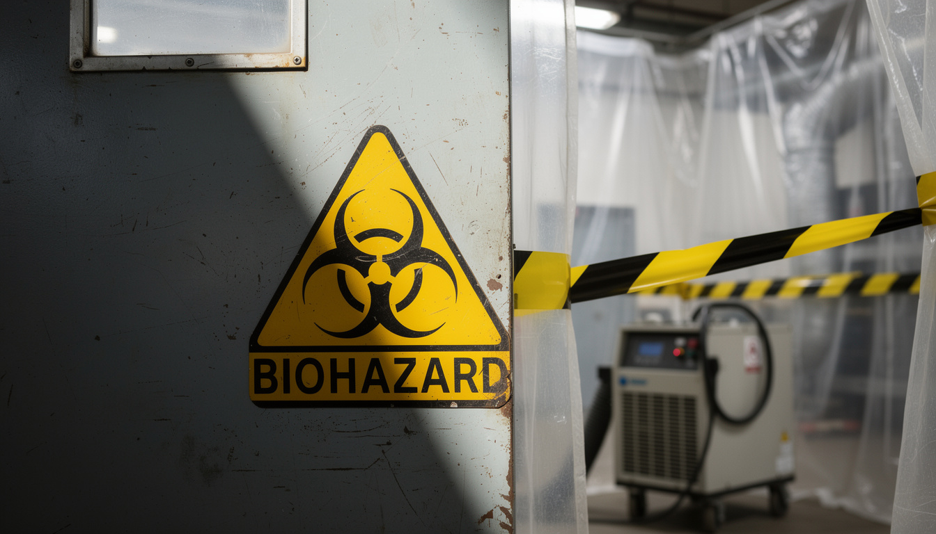 Biohazard warning sign marking contaminated area during professional cleanup containment