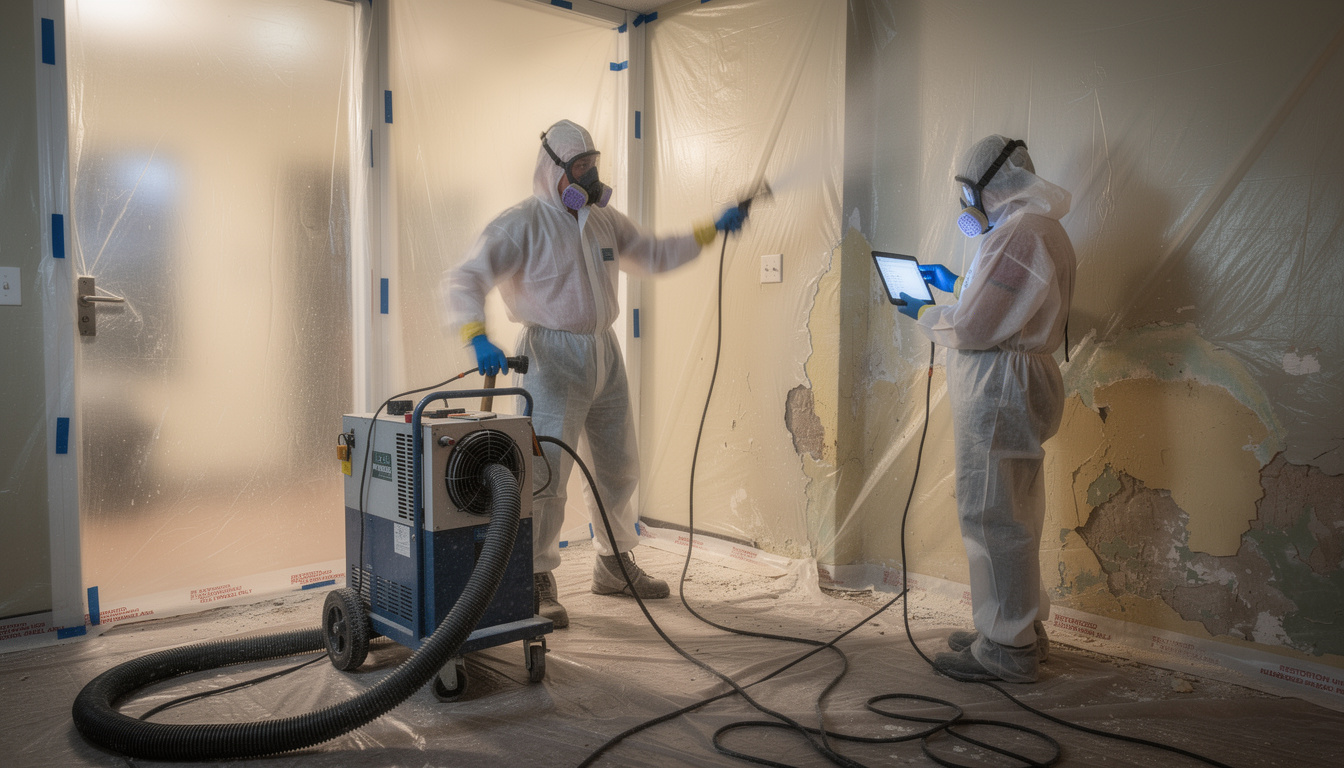 Professional biohazard remediation team using specialized equipment during residential cleanup