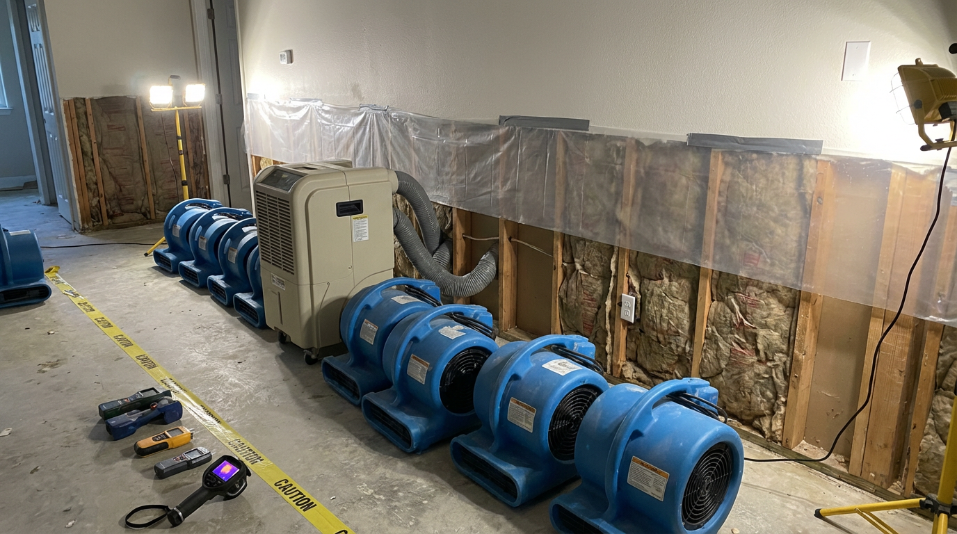 Professional drying equipment setup for burst pipe water damage restoration in Harrisburg home