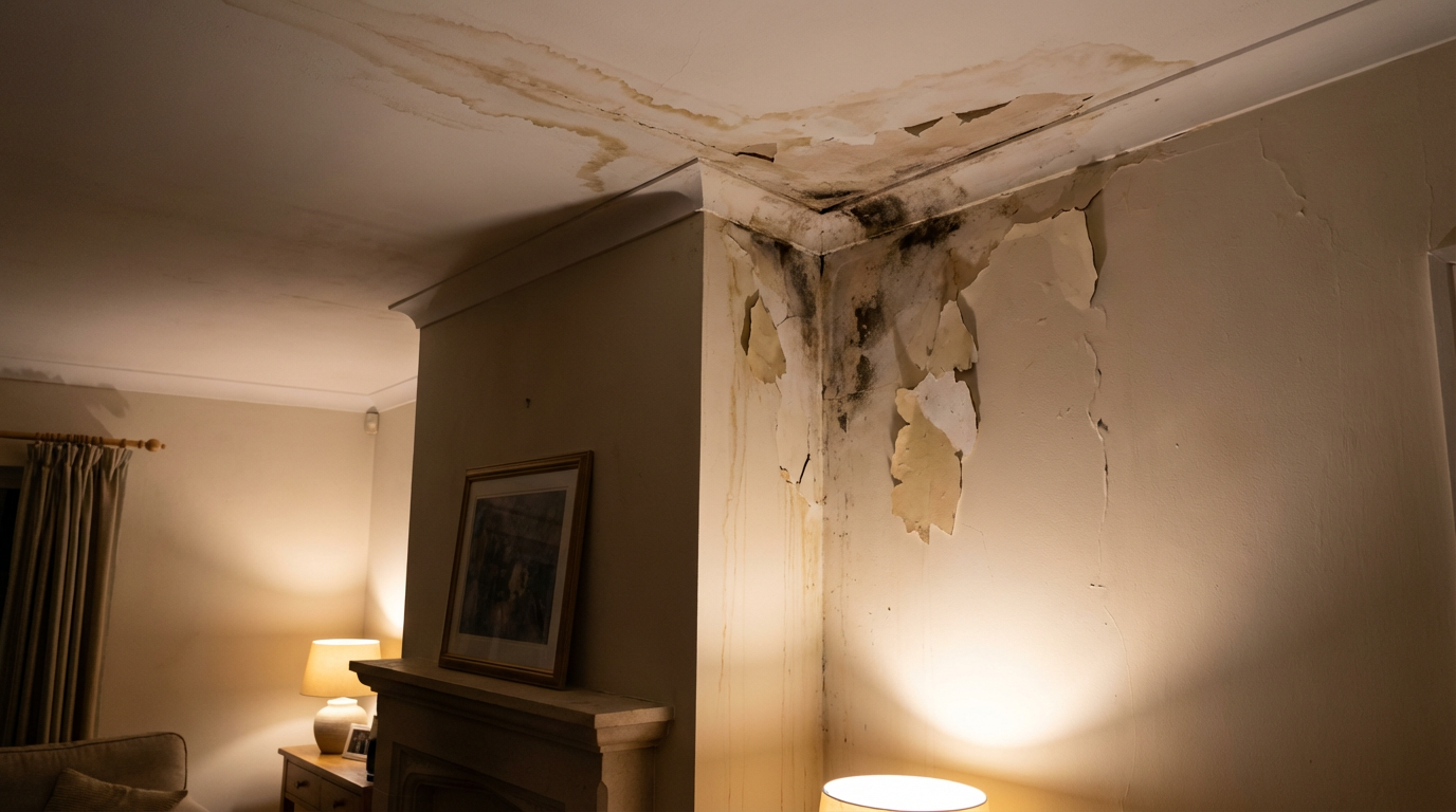 Water damage from fireplace leaking water showing ceiling stains requiring restoration