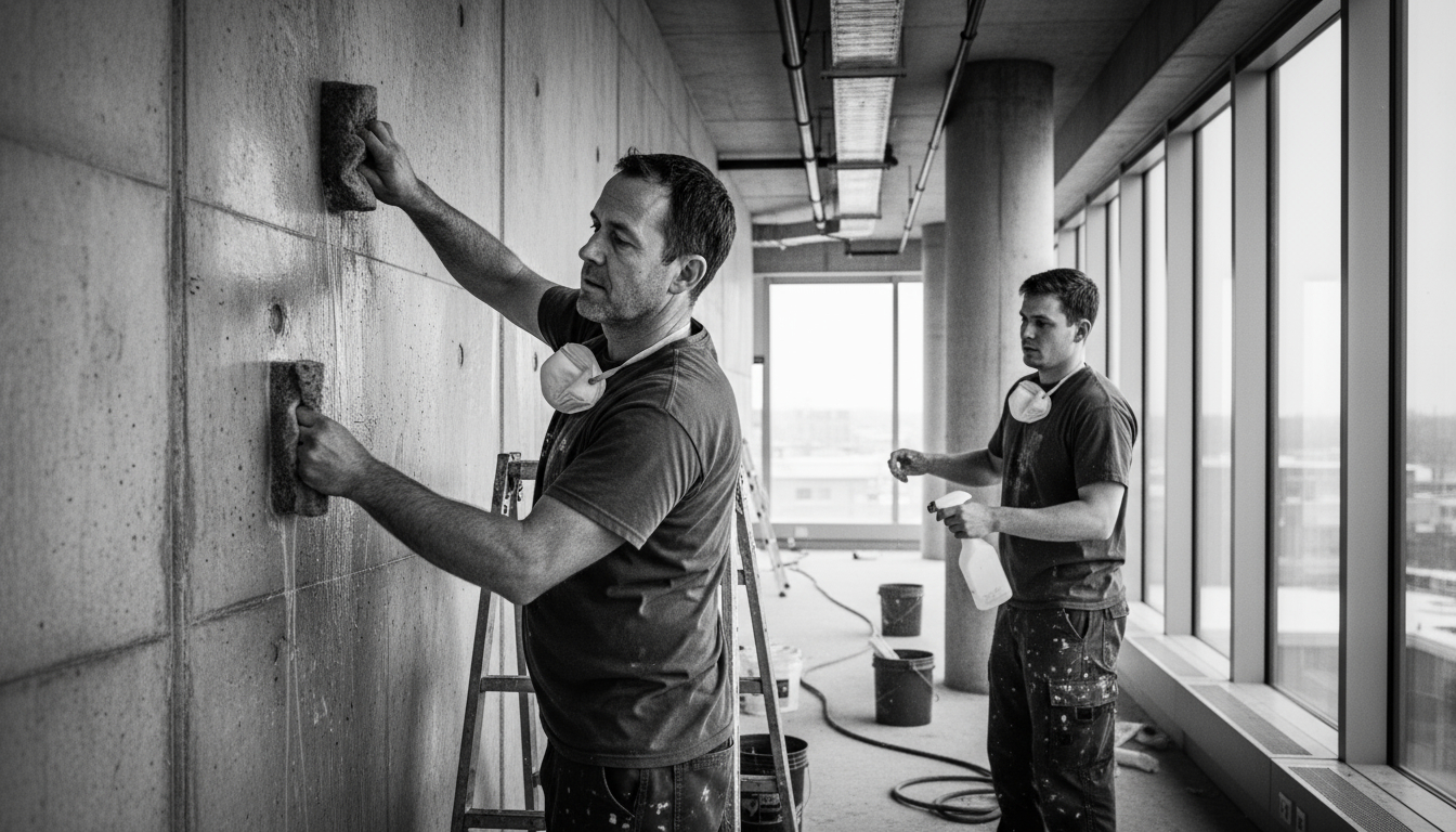 Professional team performing commercial fire cleanup and soot removal