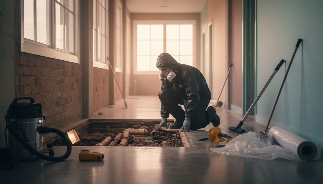 Commercial sewage cleanup professional in protective equipment assessing contamination levels in business facility