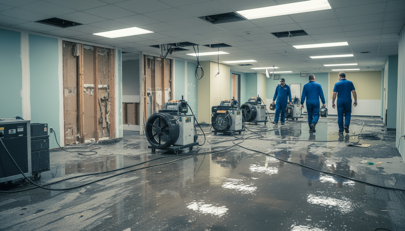 Industrial drying equipment and air movers during commercial sewage cleanup in office building