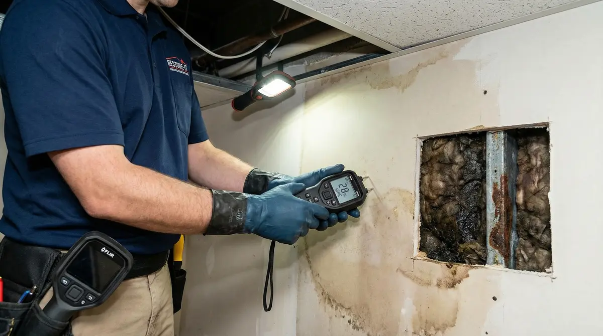 Water damage restoration technician measuring moisture levels in commercial building walls during Harrisburg PA flood cleanup