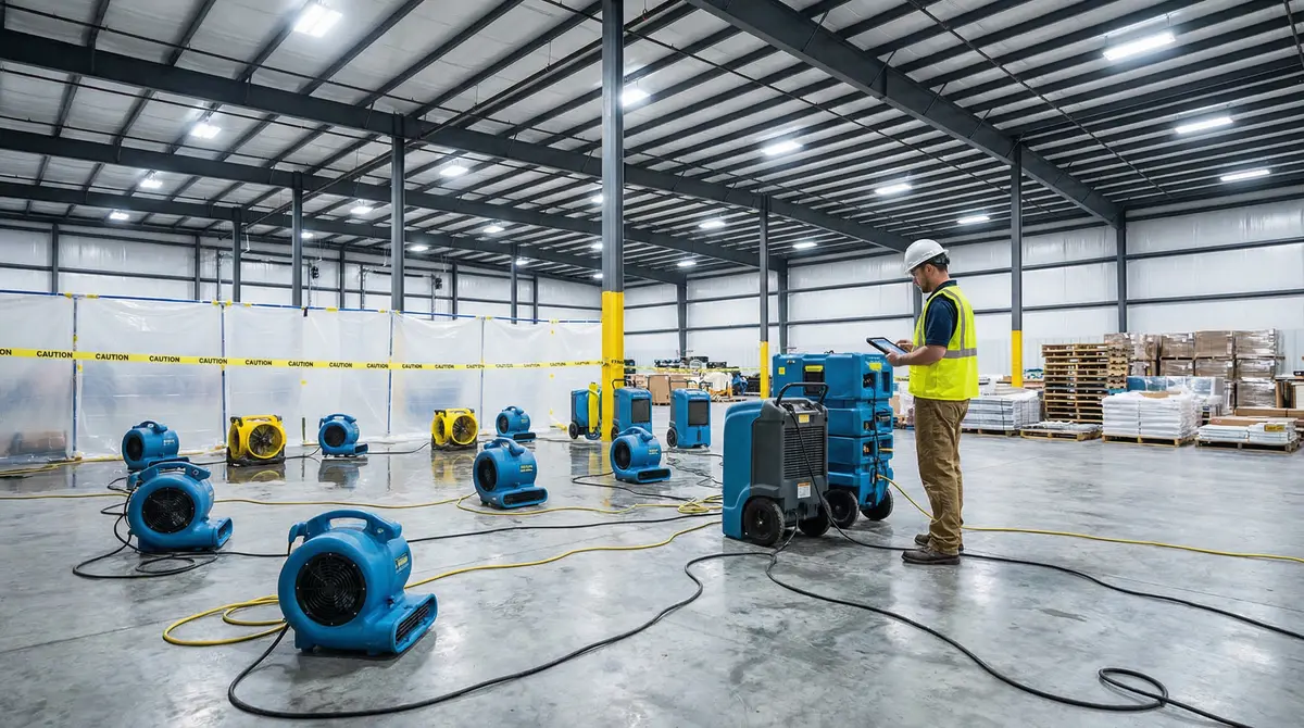 Industrial water removal equipment and dehumidifiers drying commercial warehouse space after flood damage in Harrisburg