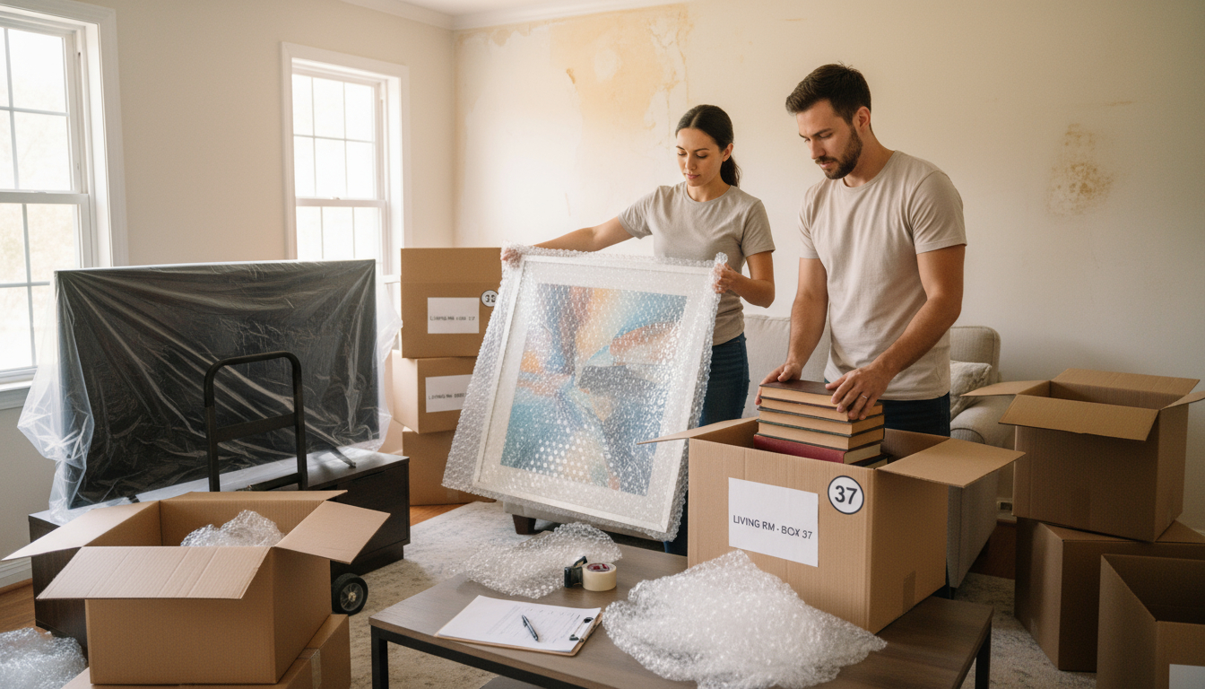 Contents cleaning and restoration team performing pack-out services for water-damaged items in New Jersey residential property