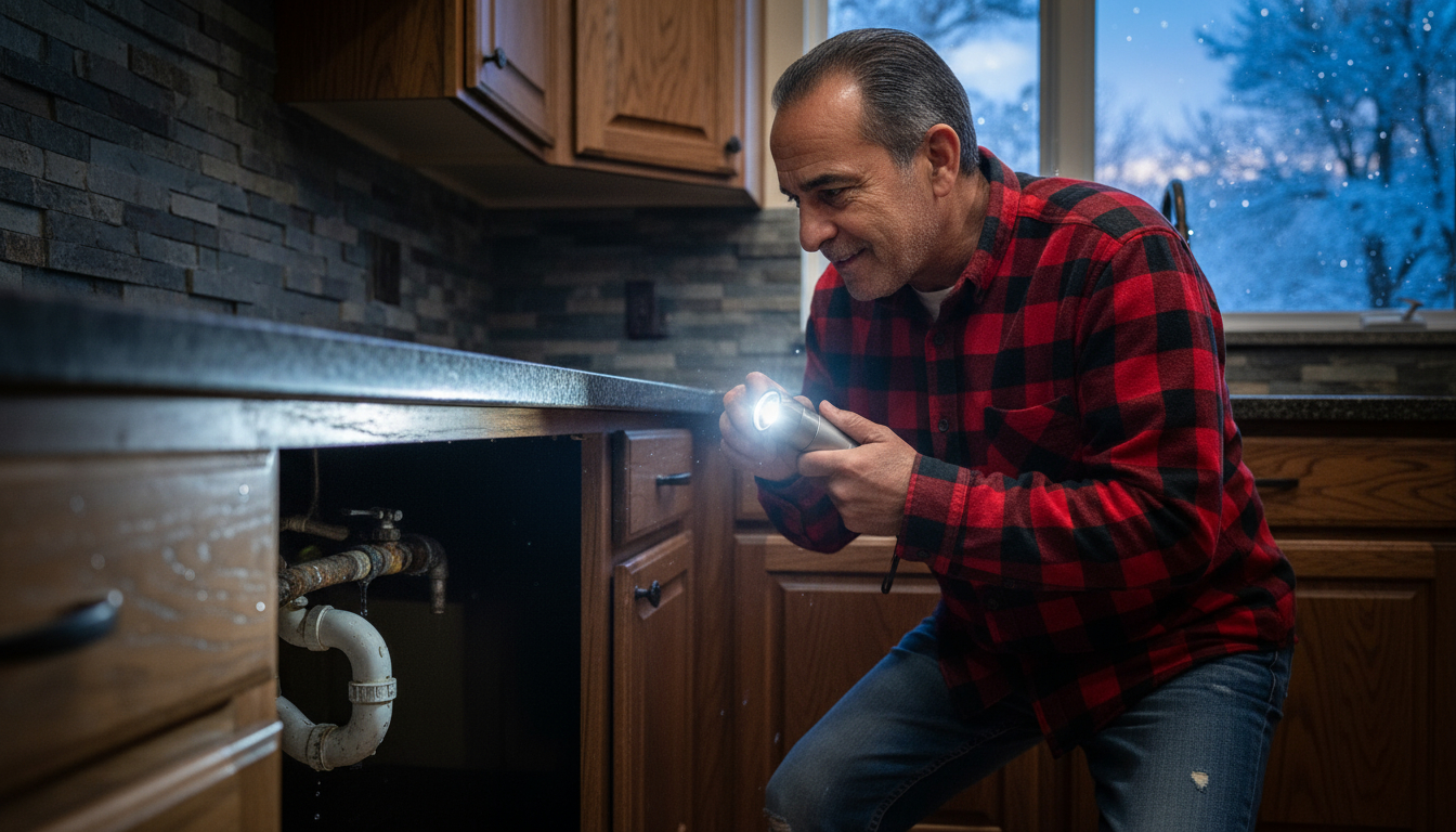 Homeowner performing preventive maintenance check for water leaks under sink