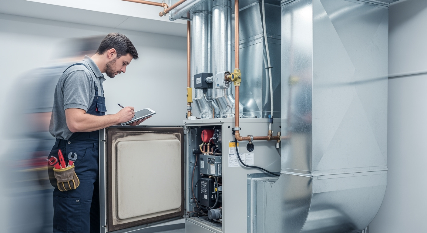 Technician inspecting heating system components.