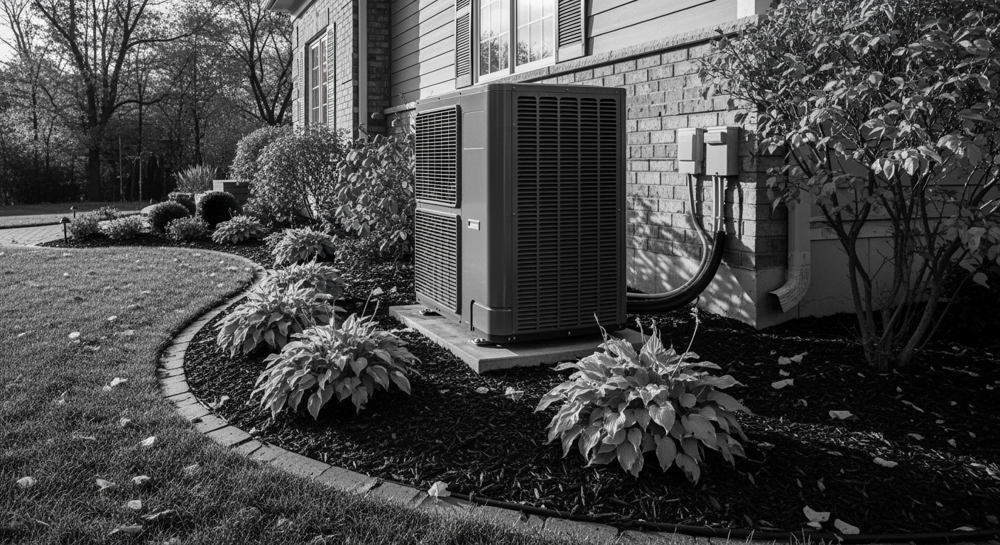 Outdoor heating unit beside landscaped garden