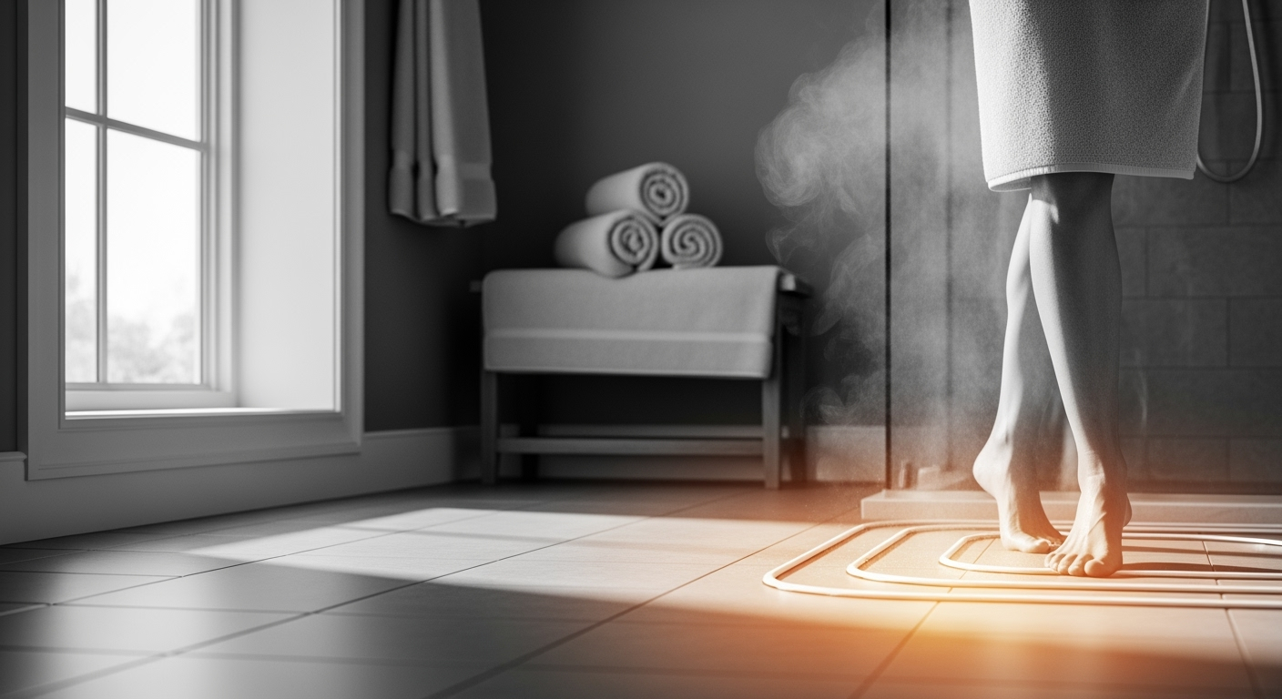 Warm feet on heated bathroom floor.