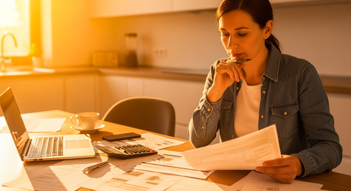Person analyzing documents at desk.