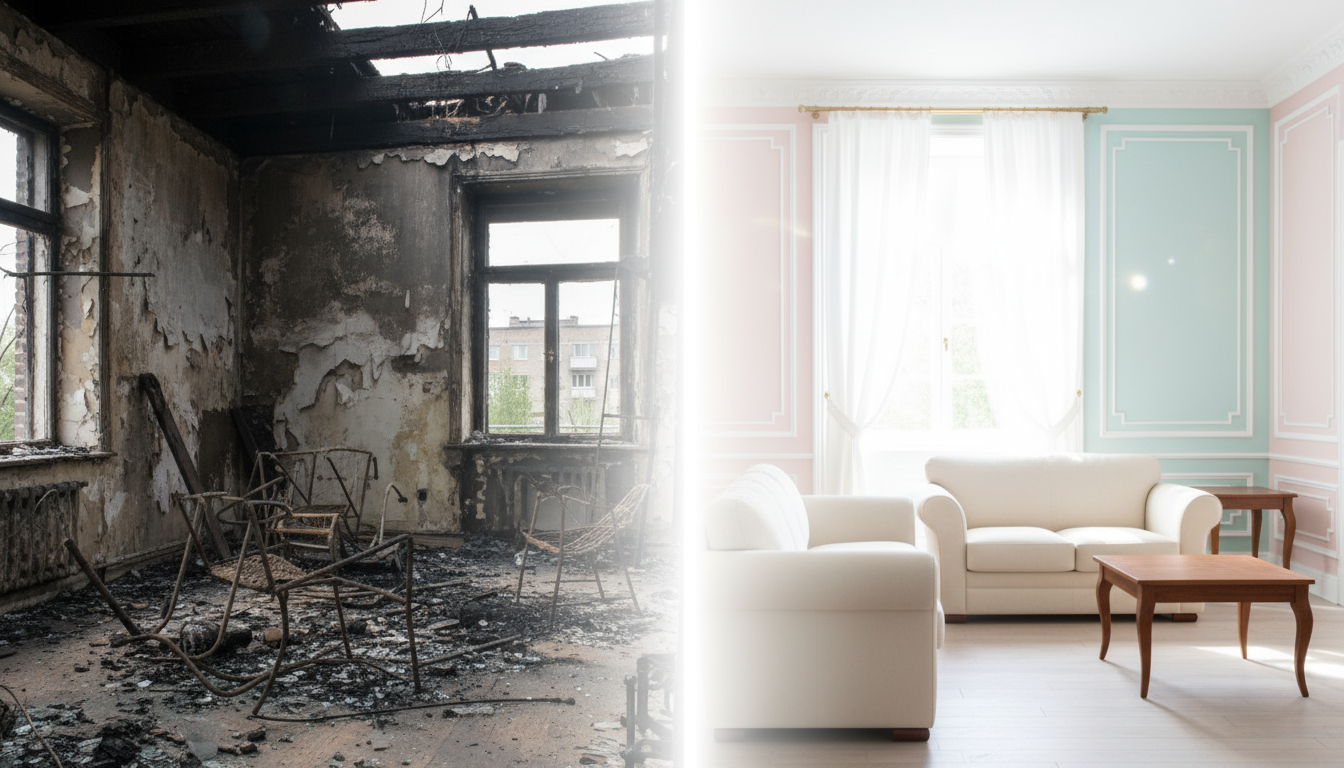 Before and after professional fire restoration showing complete property recovery from fire damage