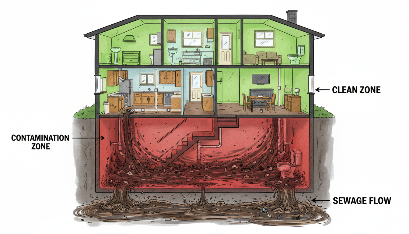 Cross-section diagram of house showing sewage backup affecting basement through floor drains and toilets, contamination zones marked in red, clean areas in green, educational cutaway illustration with clear labels