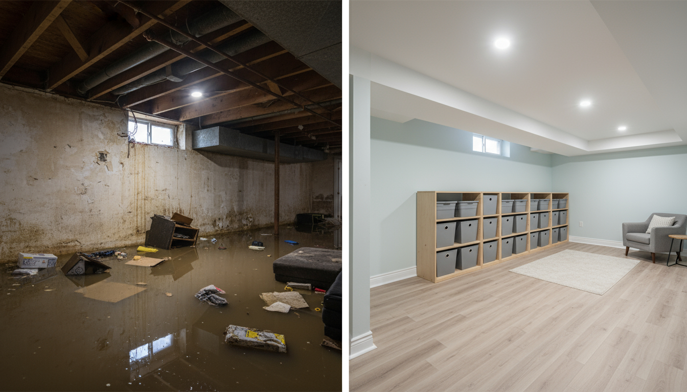 Split image showing sewage-flooded basement with contaminated water and damaged materials on left, same basement completely restored with new flooring and walls on right.