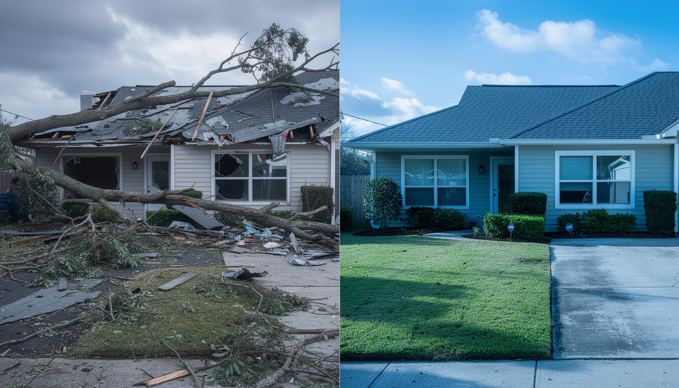 Storm damage services before and after showing complete residential restoration from fallen tree and roof damage