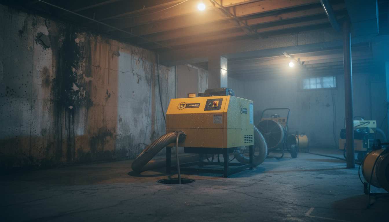 Commercial dehumidifier removing moisture from water-damaged basement