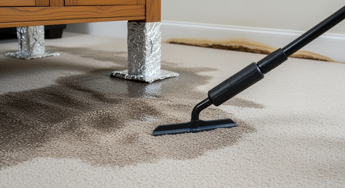 Cleaning water-damaged carpet with vacuum.