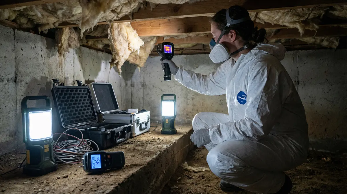 Professional technician detecting water in crawl space in Toms River using thermal imaging equipment