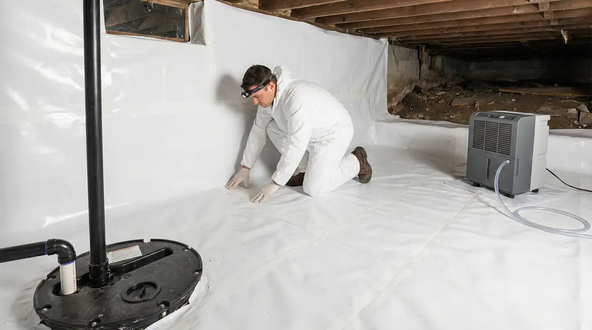 Crawl space encapsulation installation to prevent water in crawl space in Toms River homes