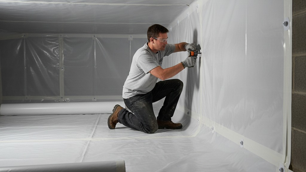 Crawl space encapsulation installation for foundation moisture control