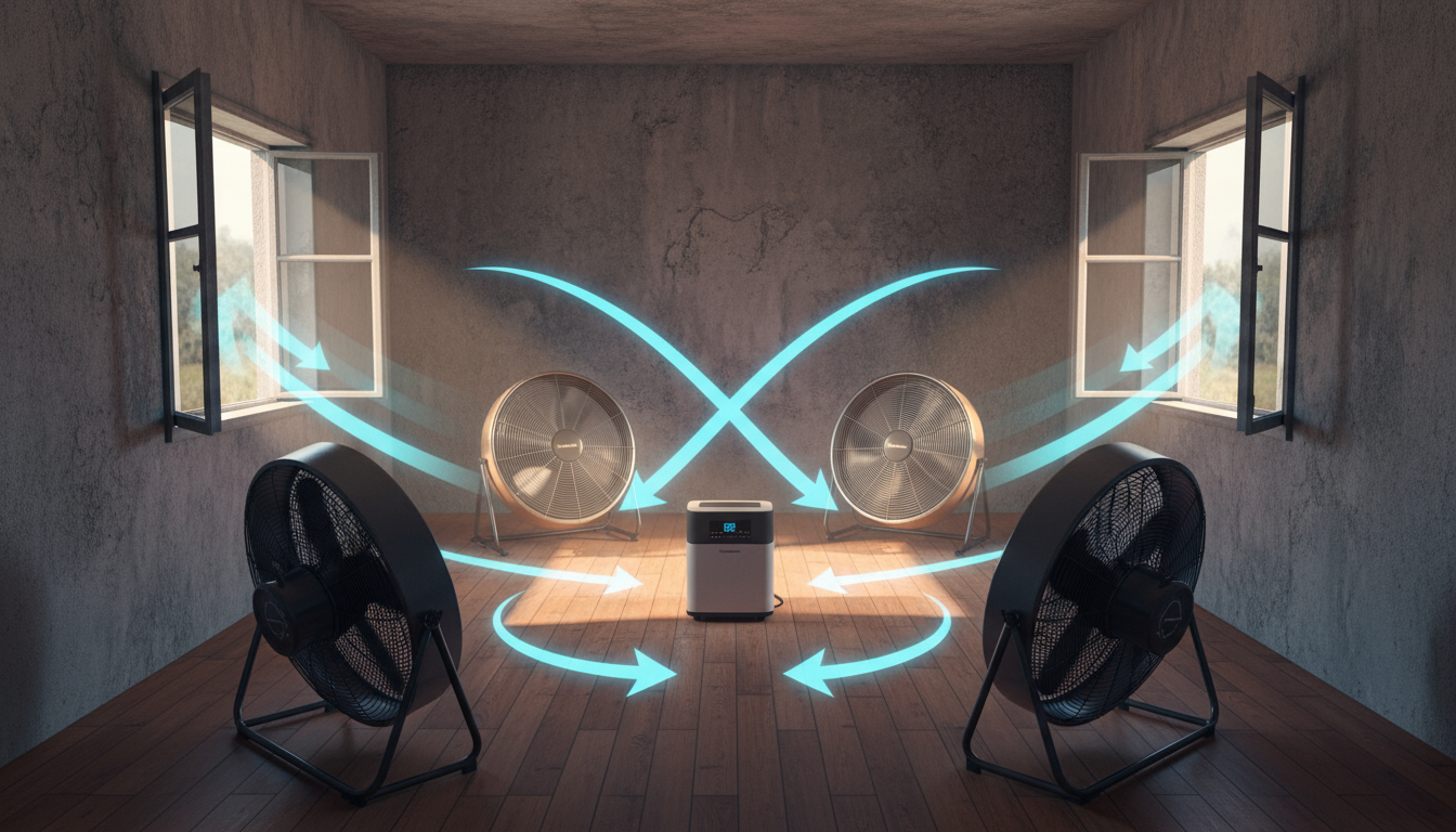 Fans circulating air in a room