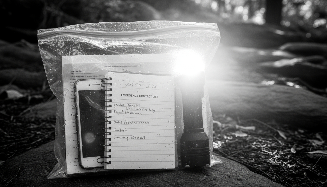 Emergency contact information and documents organized in waterproof storage container