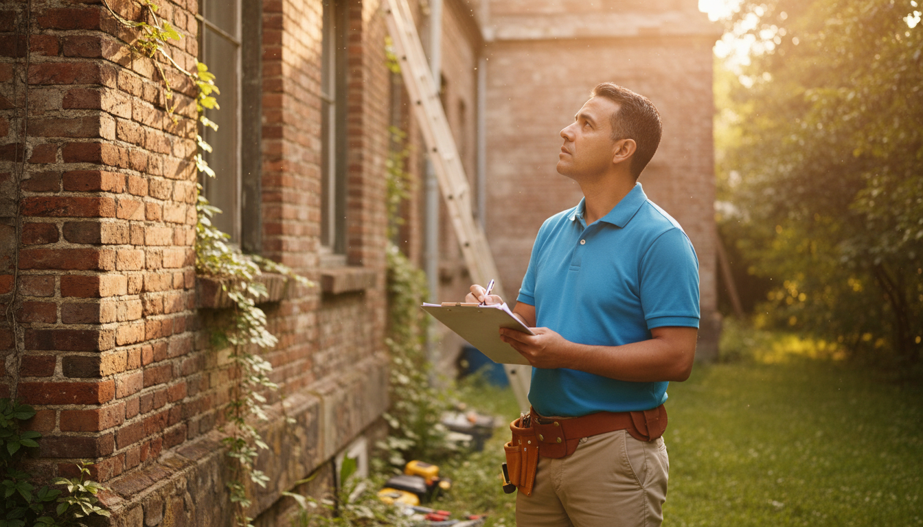 Property owner conducting comprehensive disaster preparedness assessment with inspection checklist