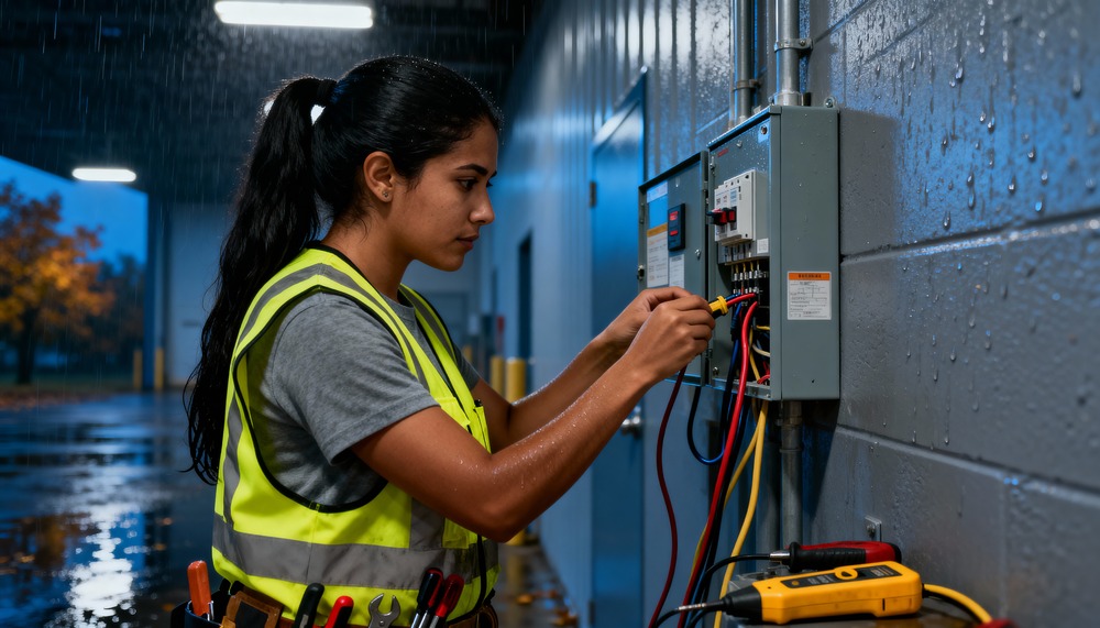 Licensed electrician installing transfer switch for safe emergency power connection during disaster recovery