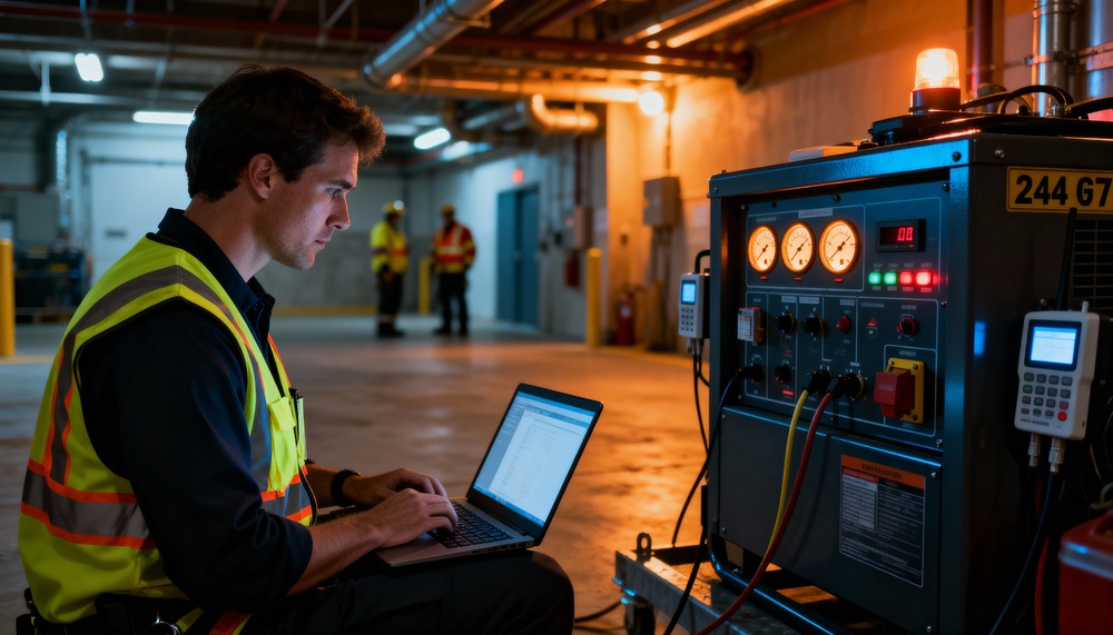 Professional technician providing 24/7 monitoring and maintenance for temporary power systems during disaster recovery