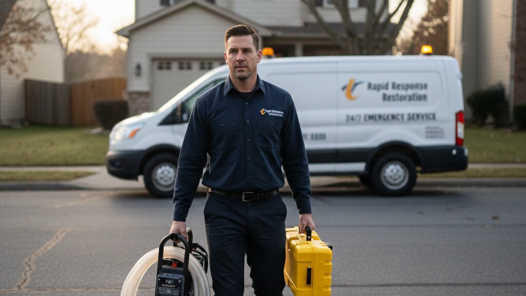 Rapid damage mitigation technician with emergency restoration equipment