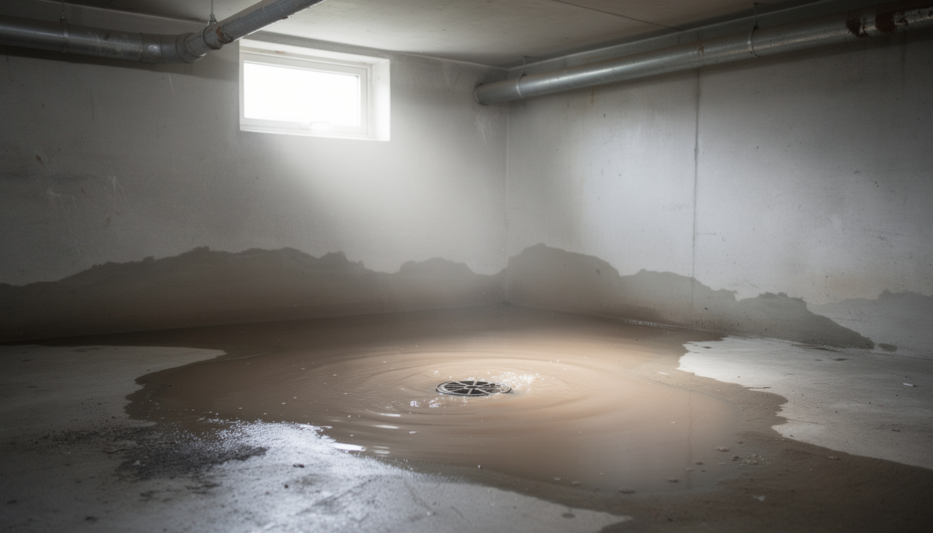Sewage backup contamination in residential basement showing health hazard conditions