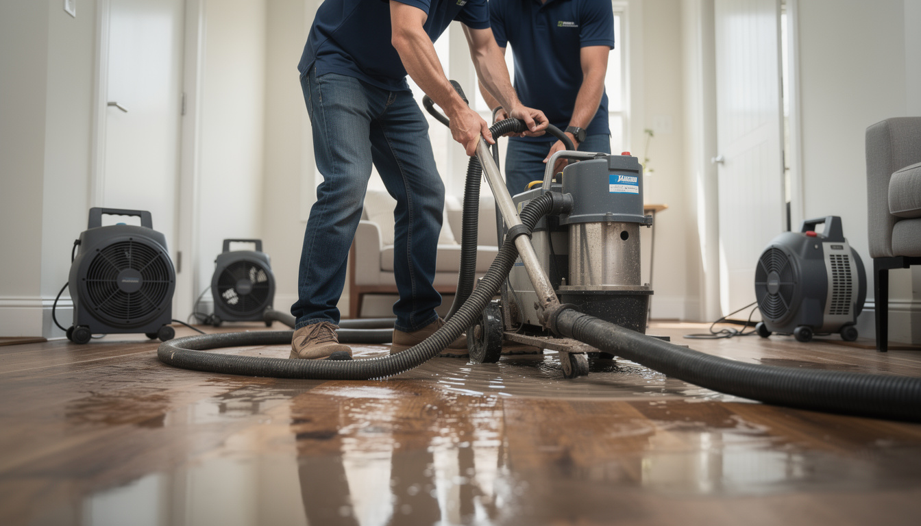 Sewage cleanup technicians using industrial extraction equipment during water removal process
