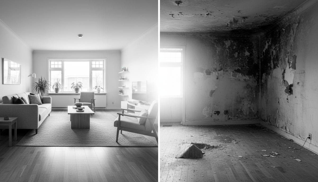 Comparison showing progression of water damage from clean room to severe mold growth over 48 hours