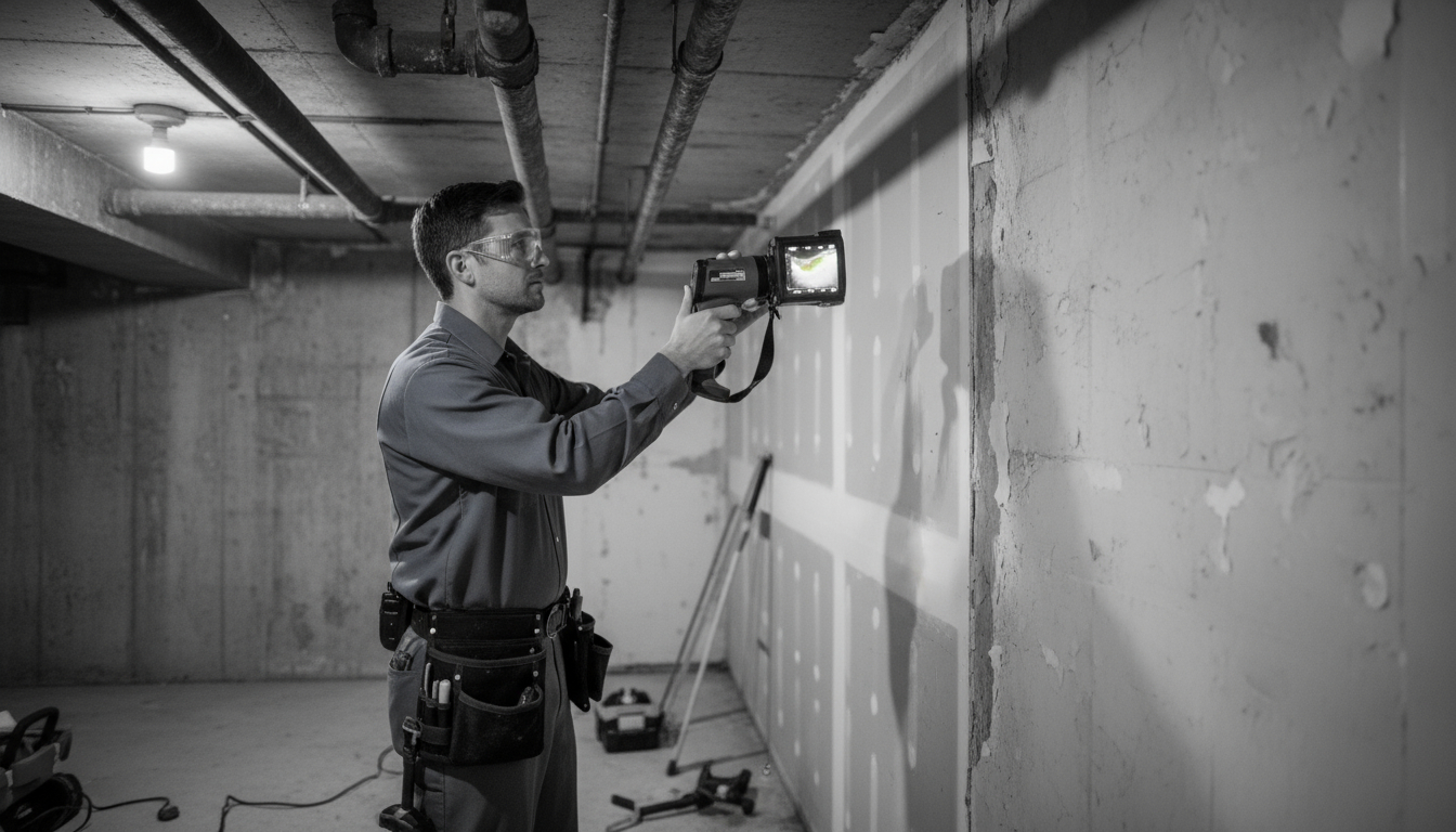 Technician using thermal imaging camera to detect hidden water damage behind walls during inspection