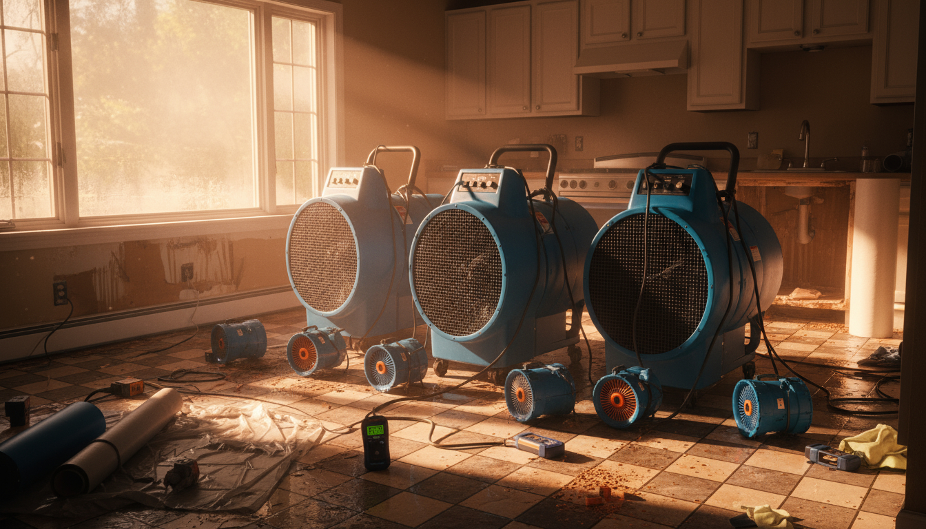 Industrial water extraction equipment including commercial dehumidifiers and air movers set up in damaged room