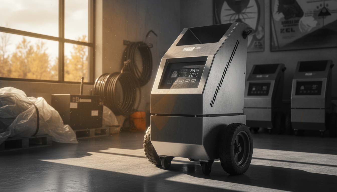 Industrial dehumidifier rental unit with digital controls for water damage restoration