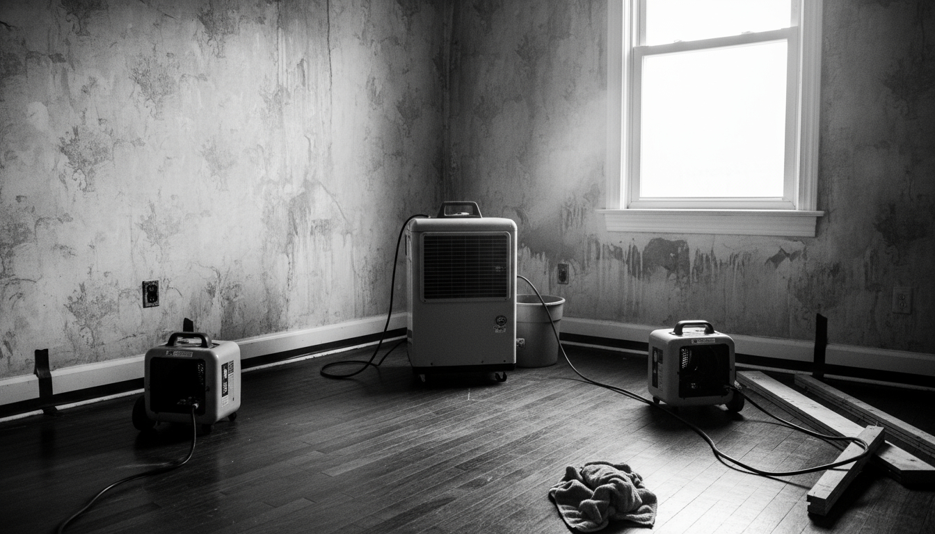 Proper safety setup of restoration equipment rental with organized cords and ventilation in home