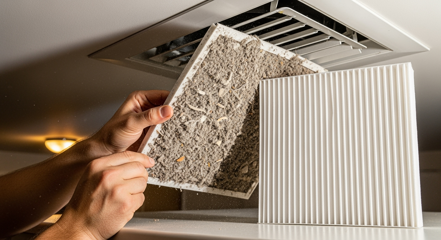 Dirty air filter being replaced.