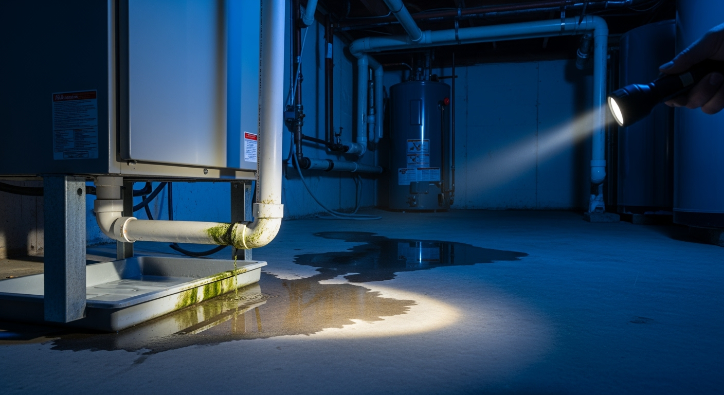 Water leak in basement with flashlight